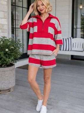 Trindy Clozet Boutique Red & Gray Striped Women's Short & Top Set